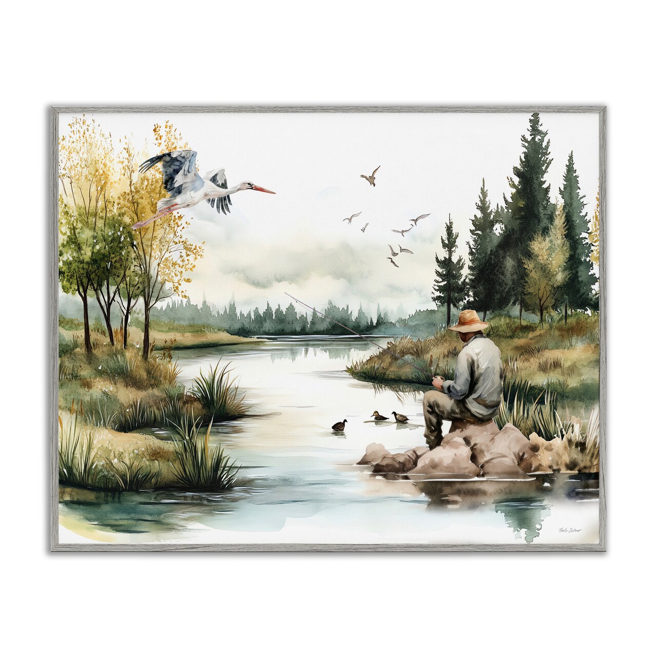 Stupell Industries Fishing by River Landscape Framed Giclee Design by Nicole DeCamp